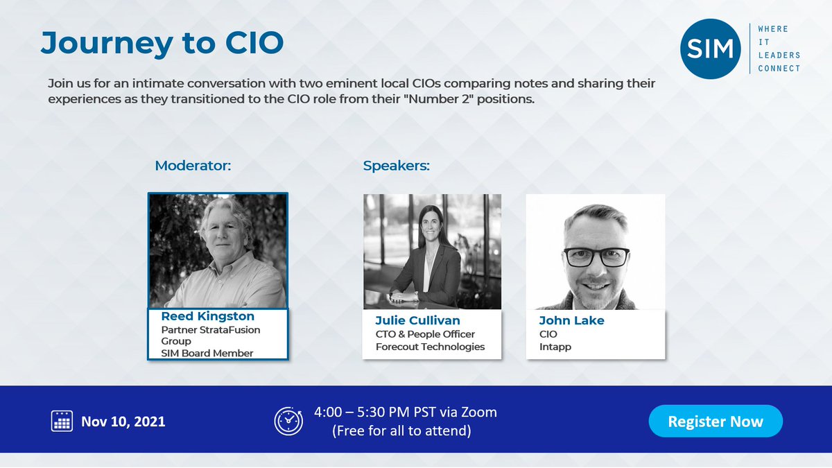 SIM_SFBA's tweet photo. Join SIM San Francisco Bay Area on 10th Nov to learn more about the road to becoming a CIO. Registrations open - https://t.co/ioPWxOGnrV

Hear from,
Julie Cullivan
John Lake
Moderated by Reed Kingston https://t.co/hliF8Cc6Yl