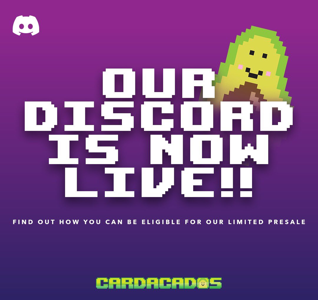 cardacados's tweet photo. 🎉Hey Cado Fam, Our Discord is Live!!!🎉

We're building a fun and engaging community which will include activities based off the Cardacados story! 

📣Includes: missions, challenges &amp; story building! You will be able to win amazing prizes! Follow us to find out more🤗🥑
#CNFT https://t.co/fhIWNld0SK