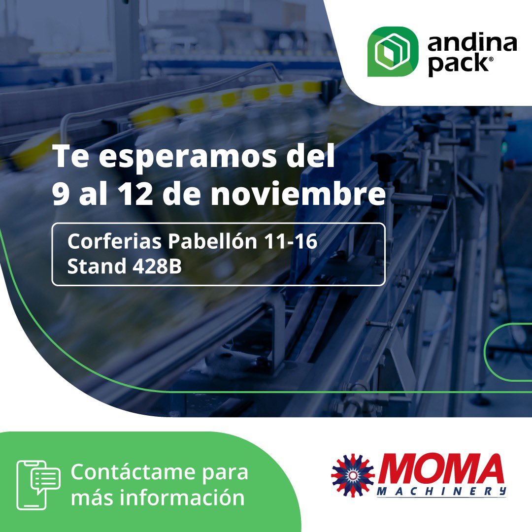 momachinery's tweet photo. Estamos cada vez más cerca y todo está listo para recibirlos en nuestro stand en @corferias y vivir esta experiencia de innovación en @andinapack 
Nuestro equipo está dispuesto para asesorar tu próximo proyecto con nosotros. https://t.co/u612yewuP2