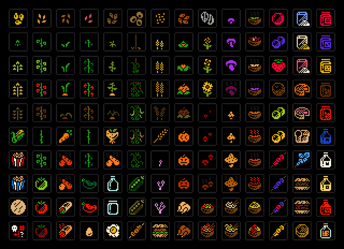 MartiansGame's tweet photo. Food is a pretty big deal in Little Martian, and we've drawn a LOT of it! Here's a grid of 140 food-related items! #indiegame #indiedev #gamedev #pixelart #screenshotsaturday https://t.co/3vljxAwkkw