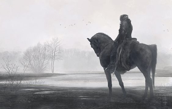 На сером коне. Всадник в тумане. Одинокий всадник. Путник на коне. Всадник на коне.