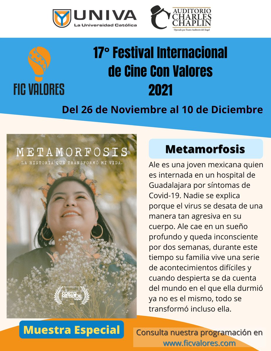 ficvalores's tweet photo. Conoce la películas de Muestra Especial que se presentarán en esta edición de FIC Valores 2021.

#metamorfosis
#UNIVA
#CharlesChaplin
#MuestaEspecial https://t.co/wNuDSrLpx3