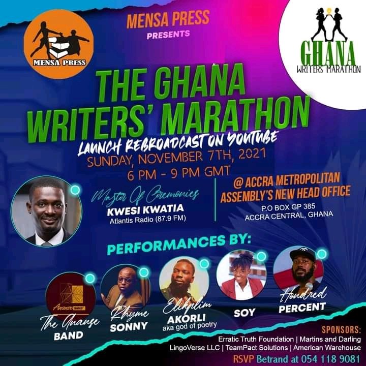 WritersGhana's tweet photo. Watch the Rebroadcast of the launch of the Ghana Writers' Marathon tomorrow (Sunday, November 7, 2021) from 6 pm to 9 pm Ghana time on YouTube. Please share with your networks #MensaPress #GhanaWritersMarathon #SupportGhanaianWriters https://t.co/JT680vjH9f https://t.co/DmBWOfFasv