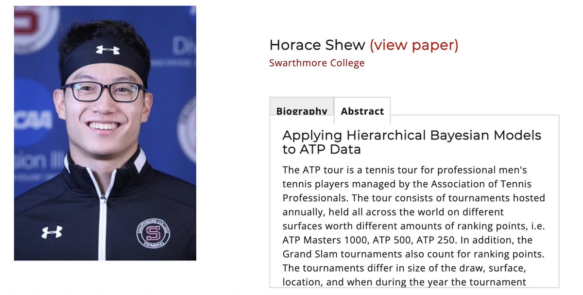 And the final @CMU_Stats
 #CMSAC21 #ReproducibleResearch competition Student Methods track is Horace Shew with: Applying Hierarchical Bayesian Models to ATP Data
 #tennis #tennis #sportsanalytics #statsinsports