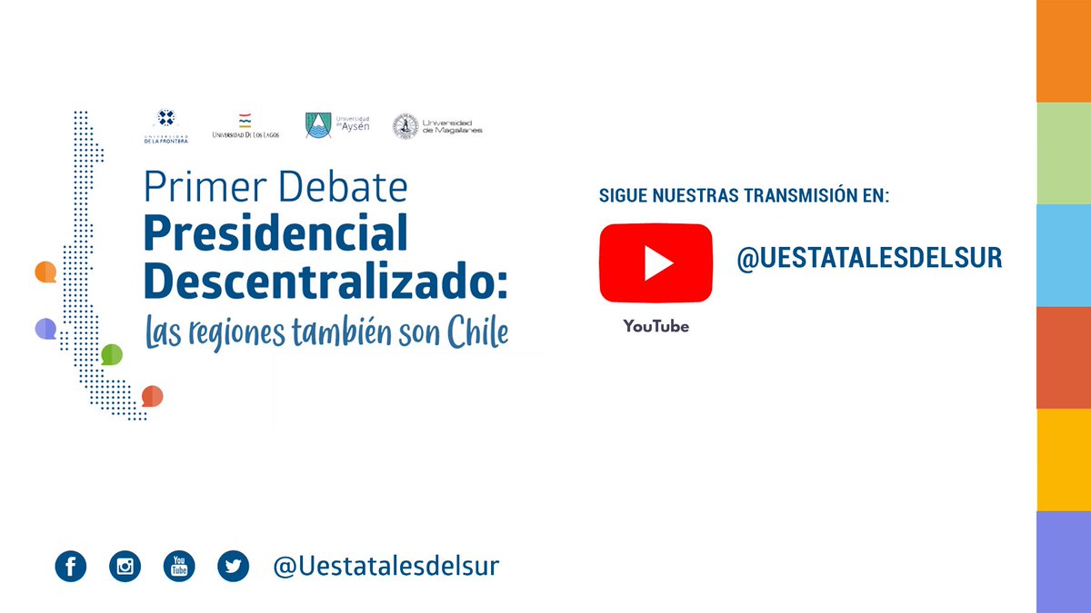 [Debate Presidencial] Hoy a las 19:00 horas iniciamos la transmisión del Primer debate descentralizado “Las Regiones también son Chile” que realizamos junto a las universidades estatales del sur austral.
Sigue la transmisión a través del siguiente enlace: youtu.be/MFvwjJRsK88