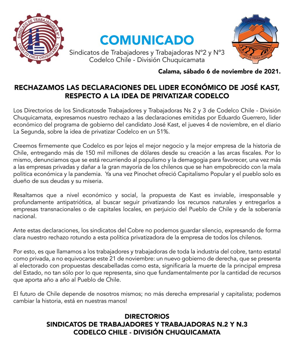 [COMUNICADO] Rechazamos las declaraciones del lider económico de José Kast, respecto a la idea de privatizar Codelco