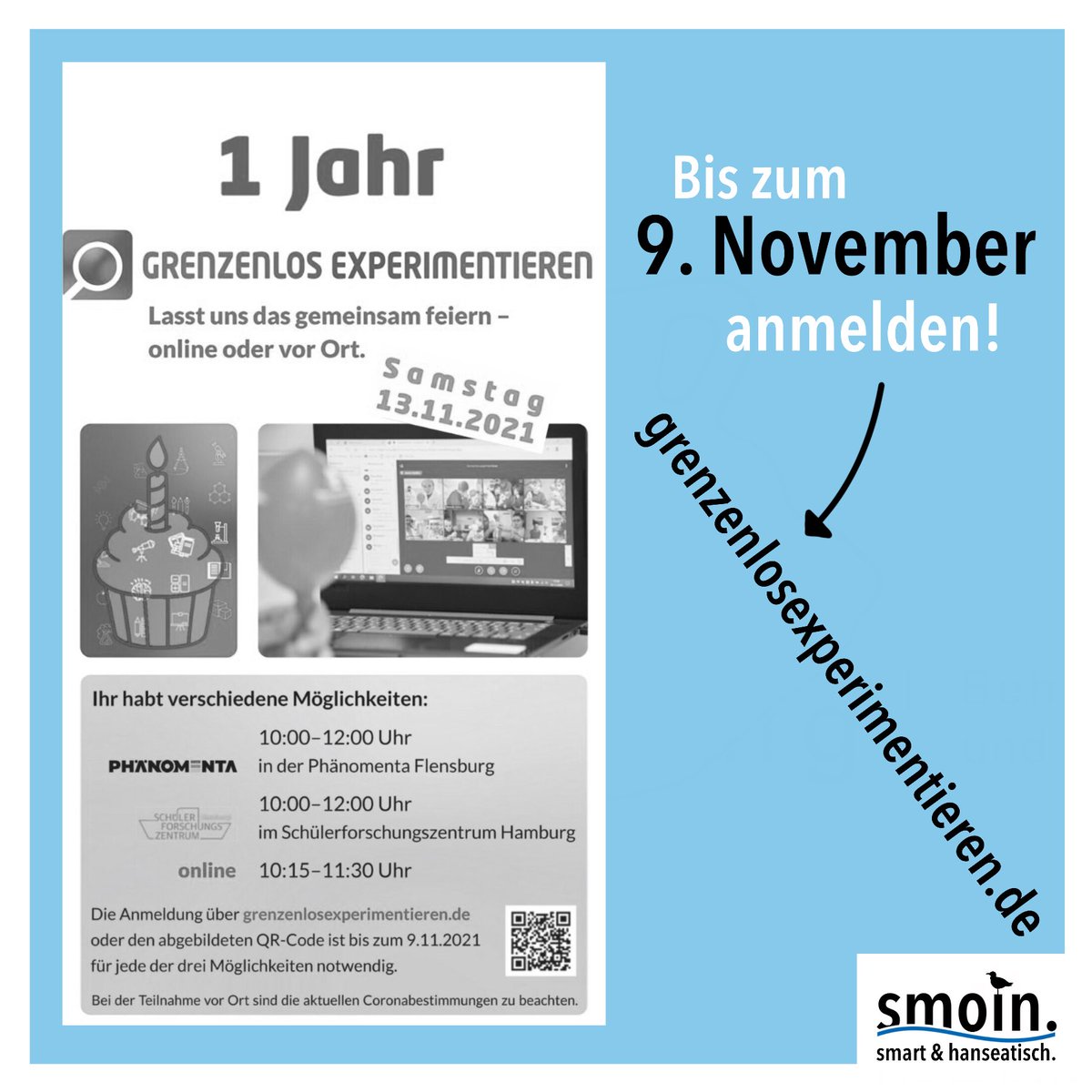 smoinhh's tweet photo. „Grenzenlos experimentieren“ feiert Geburtstag. Feiert mit und experimentiert mit! Am 13. November ab 10.00 Uhr. Anmeldung bis zum 8. November und Infos unter https://t.co/smzyF4W1uU

#hamburg #grenzenlosexperimentieren #sfz #schülerforschungszentrum #twlz #twitterlehrerzimmer https://t.co/1JIKv9vnse