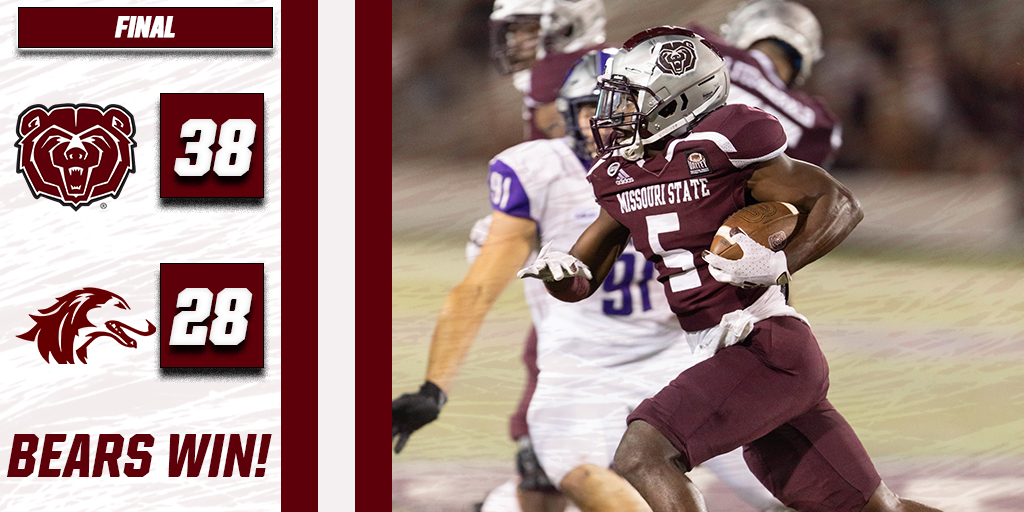 MoStateFootball's tweet photo. UPSET ALERT! 

The Bears go into Carbondale and come out with a 38-28 victory against No. 7 SIU!

#WakeTheBears https://t.co/v8geYbjBJU