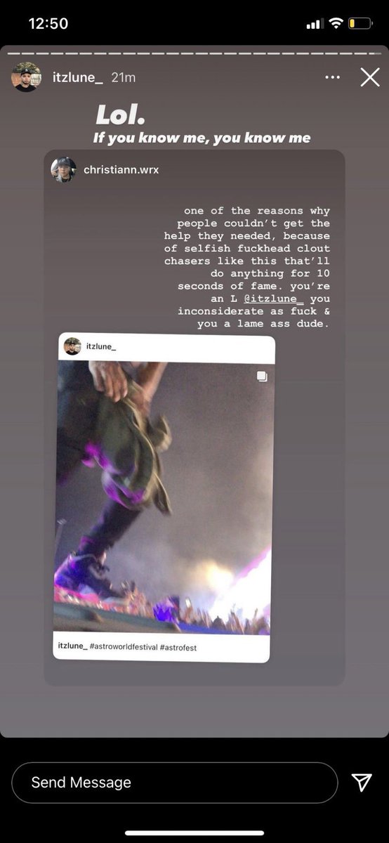 THERELEVANT6's tweet photo. And don’t forget we have idiots like him who wouldn’t allow any medical personnel to get through because they were blocking, climbing and jumping off the med vehicles. 

The crowd is also responsible. They continued to Rage despite of. 

This is his response

#AstroWorld https://t.co/3Jd5D3jXJn