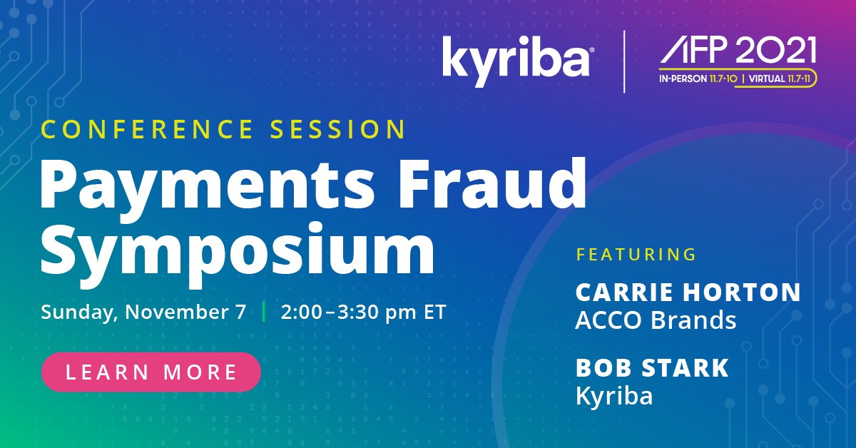 Fraud continues to plague treasury and finance departments. This past year saw #BEC scams and #vishing schemes surge. Join Kyriba's Bob Stark, <a href="/ACCOBrands/">ACCO Brands</a>' Carrie Horton, and other industry experts at #AFP2021 for a discussion on trends in #payments fraud. bit.ly/3lHCklj