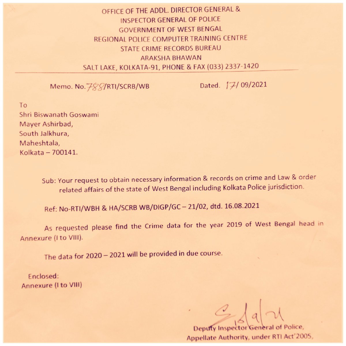 Actual Crime data supression &amp; manipulation have been a state policy &amp; regular practice of the Govt but when it comes on record,the Govt gets exposed. In July, 21 (till Septm.) SCRB,WB repeatedly claimed #RTI that 2020 CrimeData NOT available,needs to be collected whereas WB sent