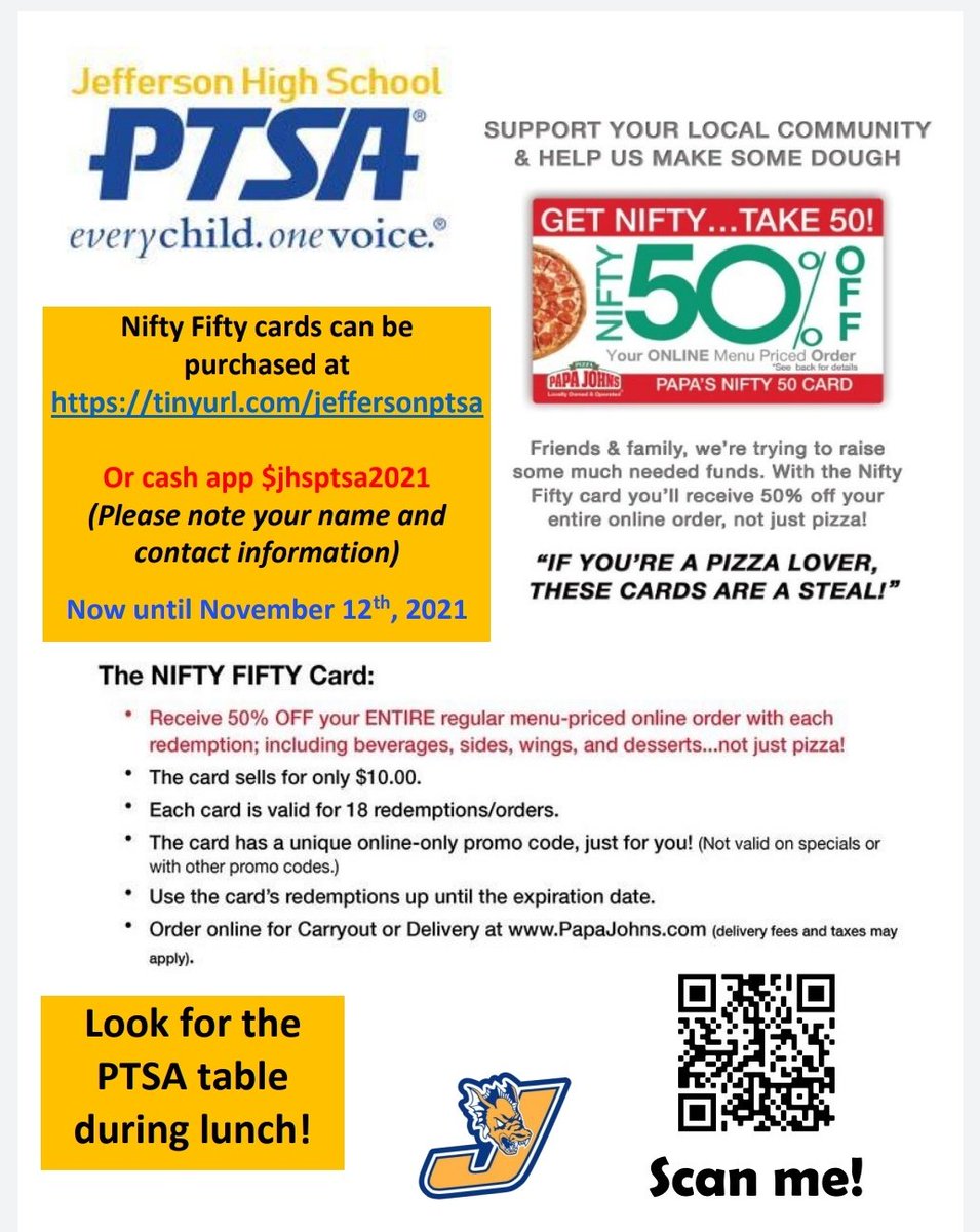 JHS PTSA fundraiser extended until Friday, November 12th! 
Check out the flyer for multiple ways to easily show your support.