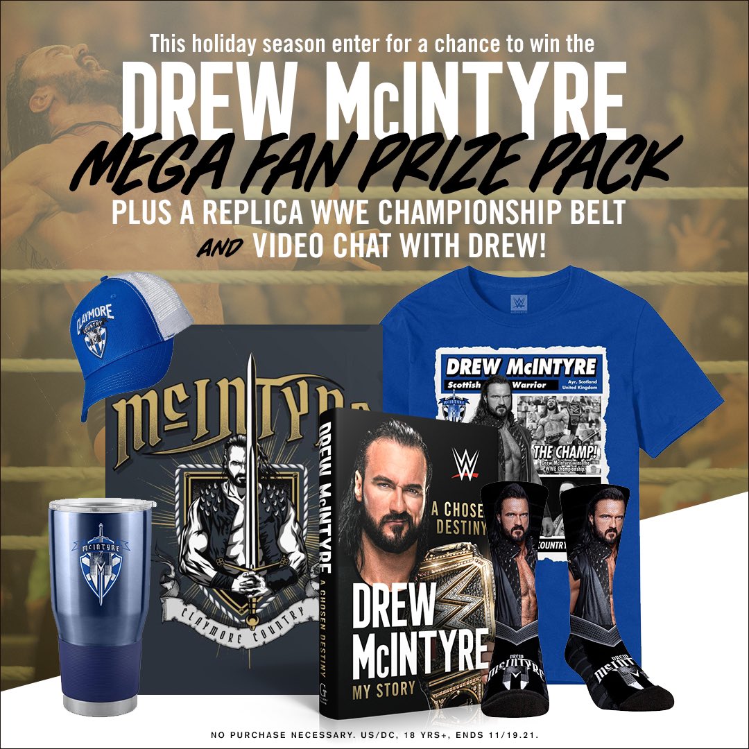 .@WWE Universe, enter for a chance to win the ultimate prize pack just in time for the holidays, including a signed copy of A CHOSEN DESITNY, a replica WWE Championship title, and a video chat with yours truly! Learn more and enter: bit.ly/DrewMcIntyreMe…