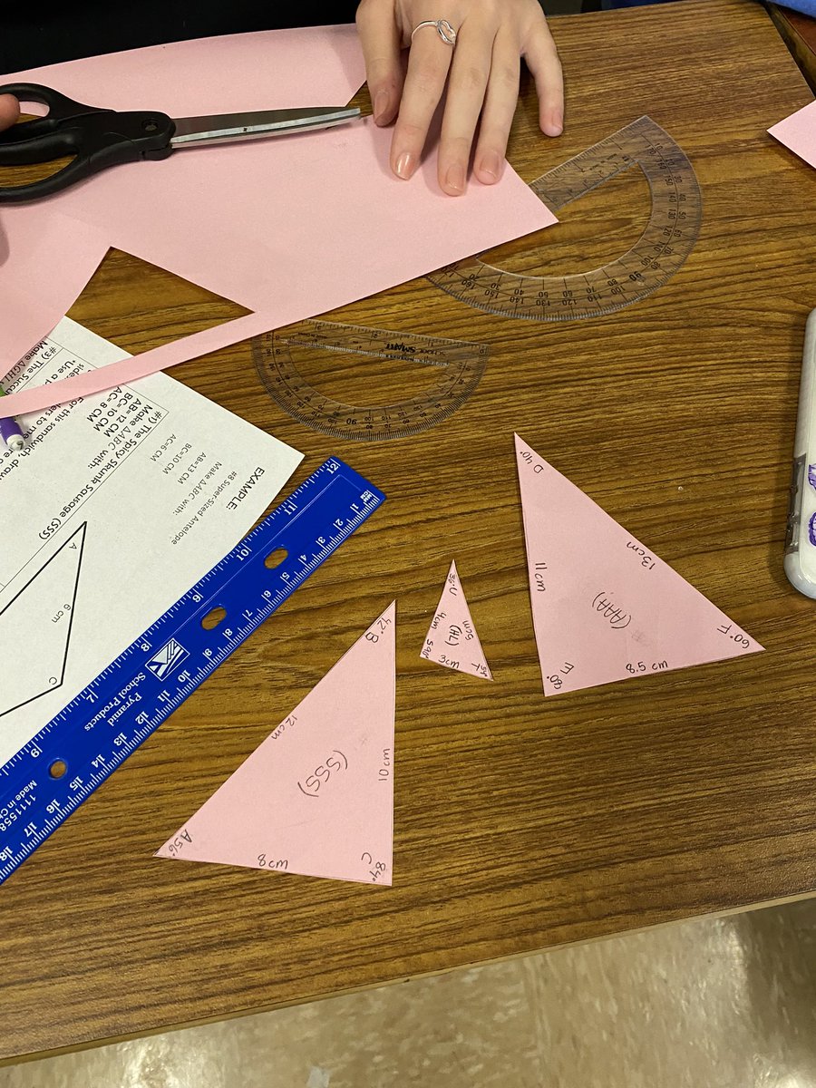 MsPMathClassWC's tweet image. Did a discovery lesson over congruent triangles last week! The students got to see why the triangle congruency postulates work and why some don’t. It got them excited for triangle congruence! #mathonamission #teacher #studentcentered
