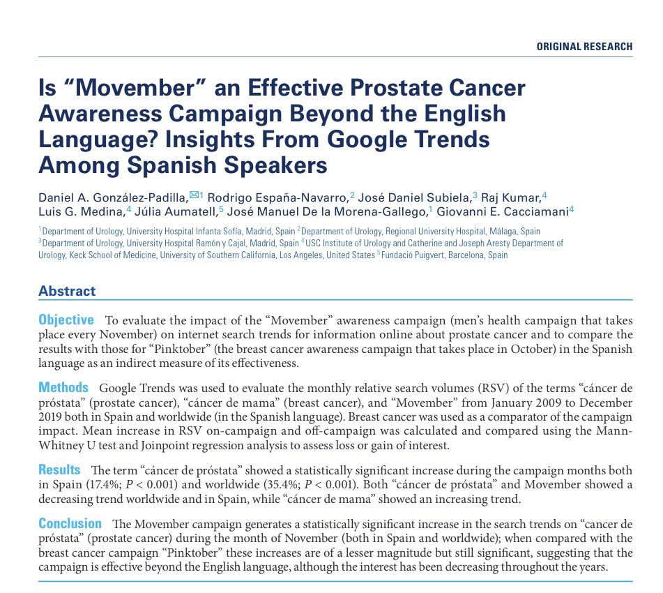 Cacciamani_MD's tweet photo. 👨🏻‍💼The #Movember campaign generates a statistically significant increase in the search trends on “cancer de #próstata” (prostate cancer) during the month of November (both in Spain and worldwide)suggesting that the campaign is effective beyond the English language https://t.co/wG6kFzoEDH