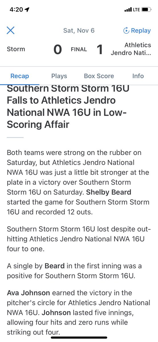 SStorm_softball's tweet photo. Lost 2nd Pool Game 1-0. Next game at 6pm EOC Ballpark Harrah, Ok Field 3 @HalleG11 @ShelbyABeard18 @MattieRoj @paigemoore33 @EmilyNo79991673 @beardjody https://t.co/P6MglGLdqL