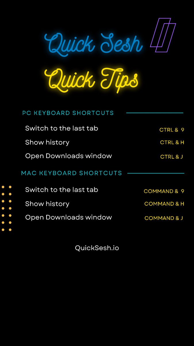quick_sesh's tweet photo. This weeks Quick Sesh Quick Tips goes over some handy keyboard shortcuts you can use on your internet browser everyday! Comment which one you think you’ll use the most 👇🏾 https://t.co/p8a2gxQYGv