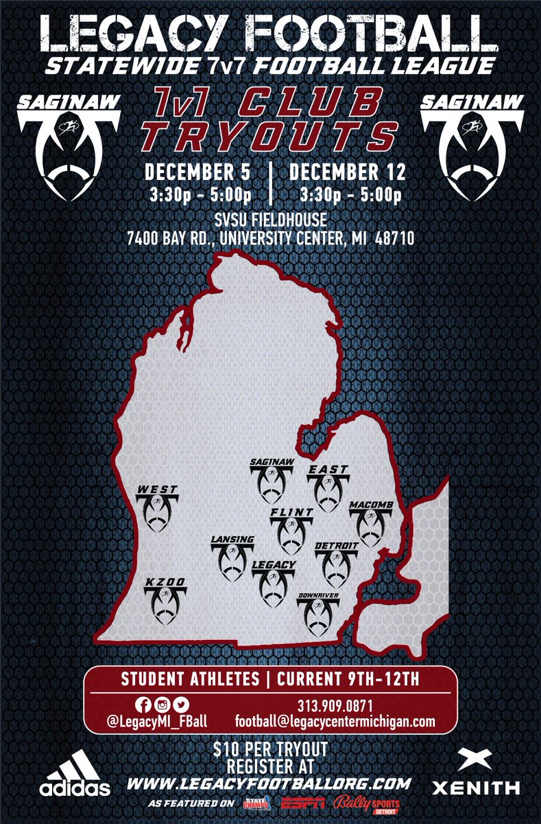 SaginawLegacy's tweet photo. 🚨ATTENTION 🚨

Saginaw, Midland, Bay City &amp; surrounding area players ... next season begins now!

Come compete w/ and against the states best at the Legacy State Wide 7v7 League!

Tryouts 🔜 register today!:
https://t.co/qTmVBxfBxe… https://t.co/U3AoZhcG4W