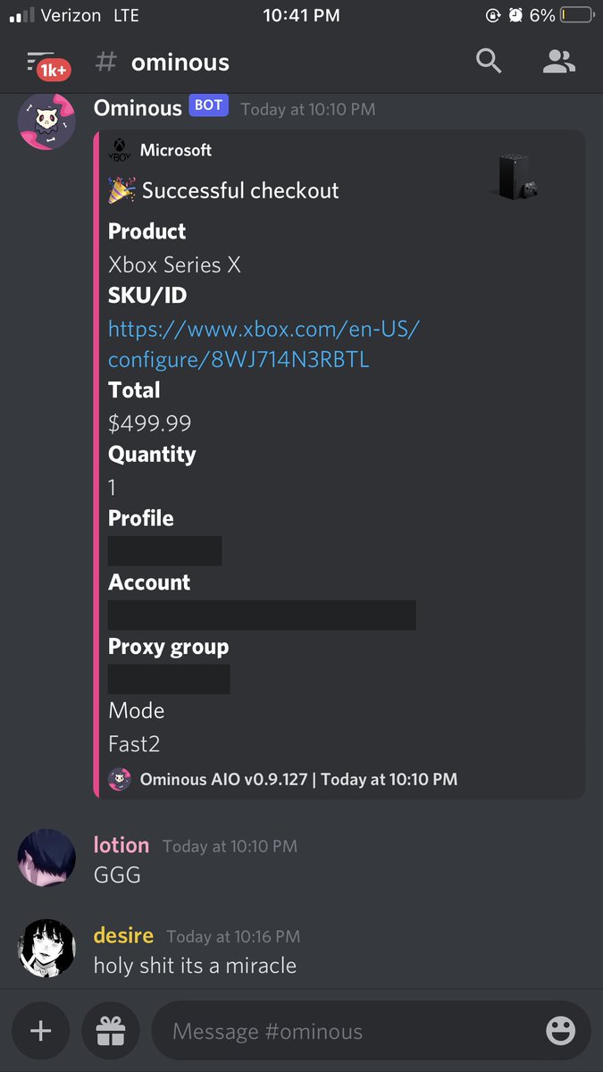 Computerwolf_'s tweet photo. Bot: 
@OminousAIO
 
@OminousSuccess
 
Tool: 
@Jolt_Industries 
 
Group: 
@WeAreMalice 

First Ms hit, finally starting to get the hang of this :D https://t.co/1aycfCUzlo