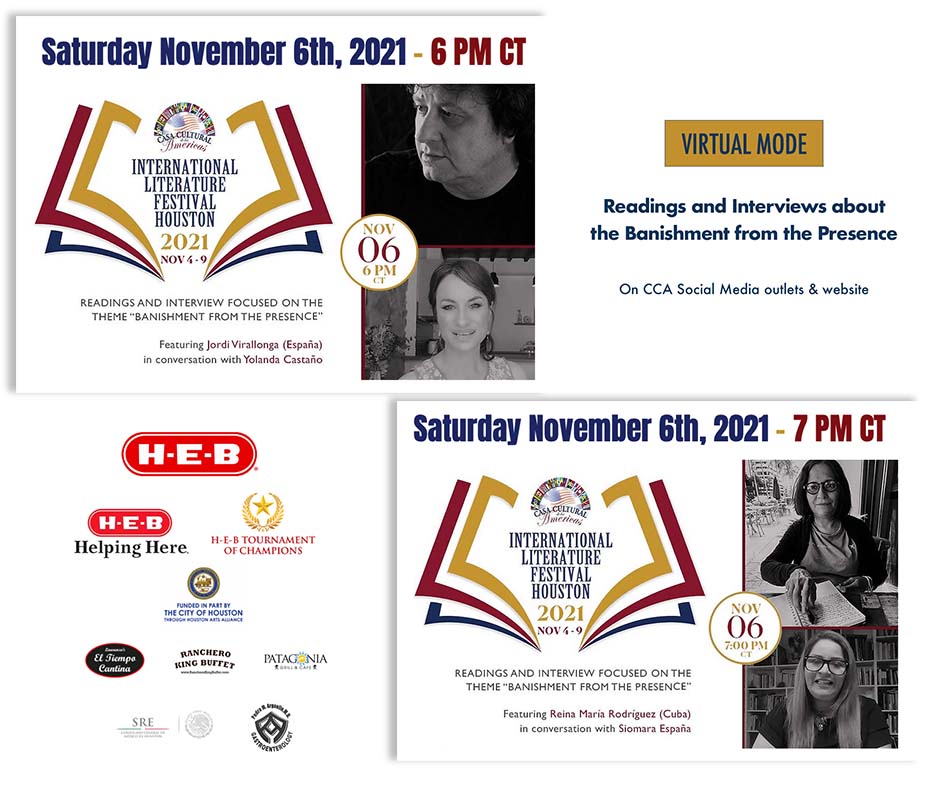 ccamericasorg's tweet photo. TONIGHT NOV  6: 2021 International Literature Festival
Featuring @JVirallonga  Virallonga 🇪🇸 in conversation with @castanoyolanda Yolanda Castaño 6pm CT) and Reina María Rodríguez🇨🇺 in conversation with Siomara España 7pm CT
#Literatura
#festival 
#poesia 
#literaturaenespañol https://t.co/C5sdFyRD6x