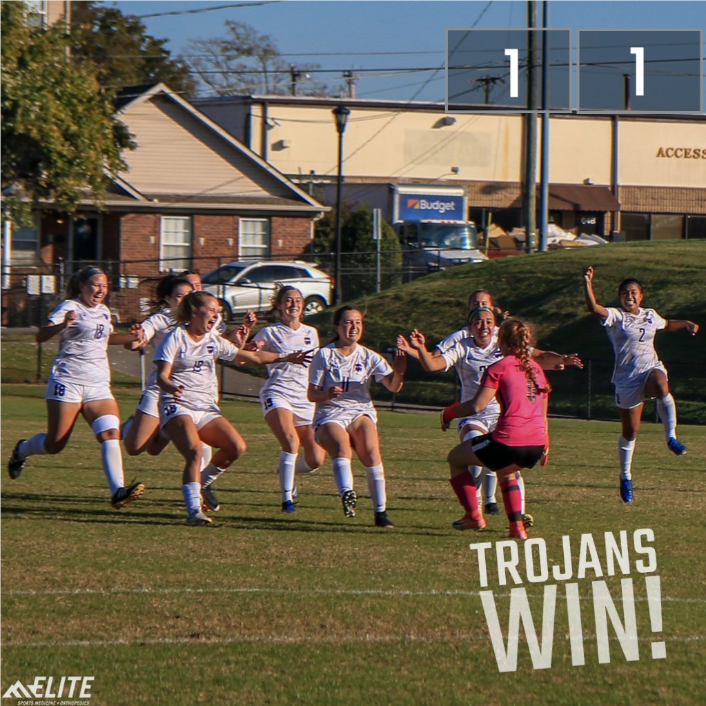 tnusports's tweet photo. TROJANS WIN!!!
@treveccaWsoccer wins 6-5 on PK in @GreatMidwestAC quarterfinals 
The match was tied 1-1 through 110 minutes ... then on the eighth PK for @Trevecca, Keeper Delayna Holman drove home the game-winner.
Trevecca is @ Ashland for the Thursday semifinals. 
#HillDefended https://t.co/meBhwmI5wl