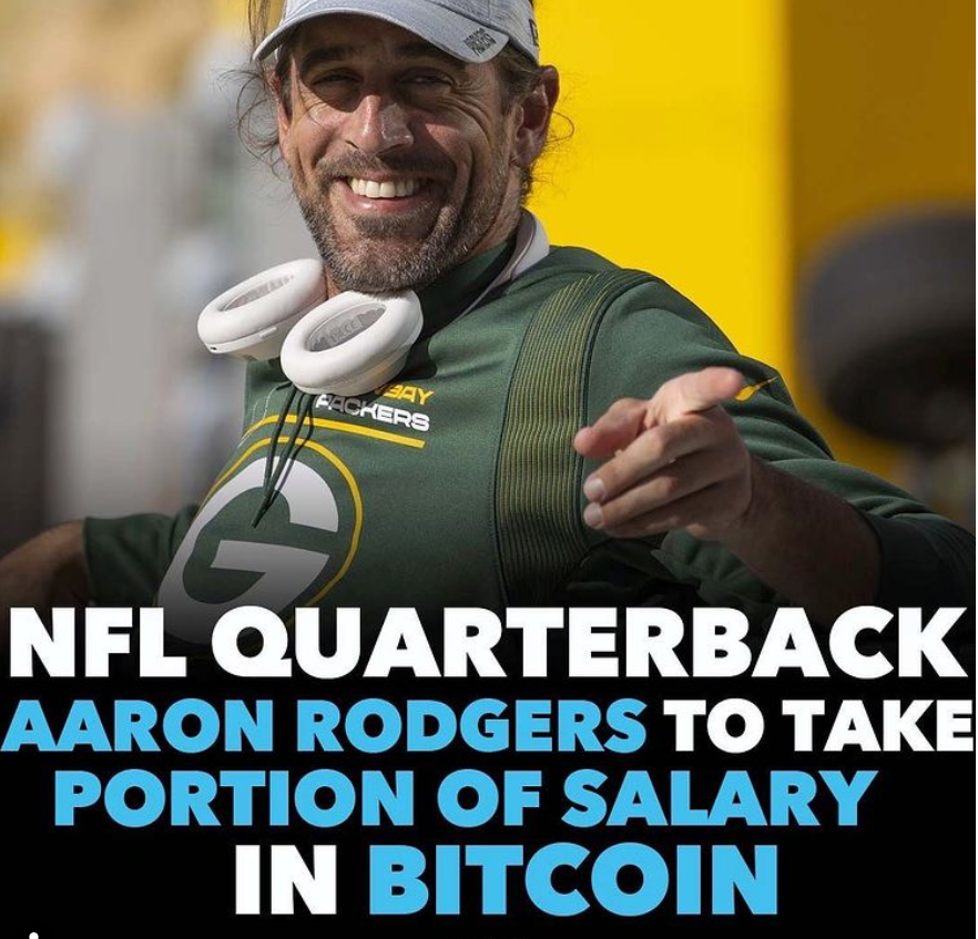 NftKaylee's tweet photo. Aaron Rodgers announced that he has partnered with cashapp to receive a portion of his salary in Bitcoin. As part of the announcement he is also giving away $1M in Bitcoin to lucky random fans. Earlier this year it was announced that Saquon Barkley is taking all of his endorsemen https://t.co/gvXa2JSWXZ