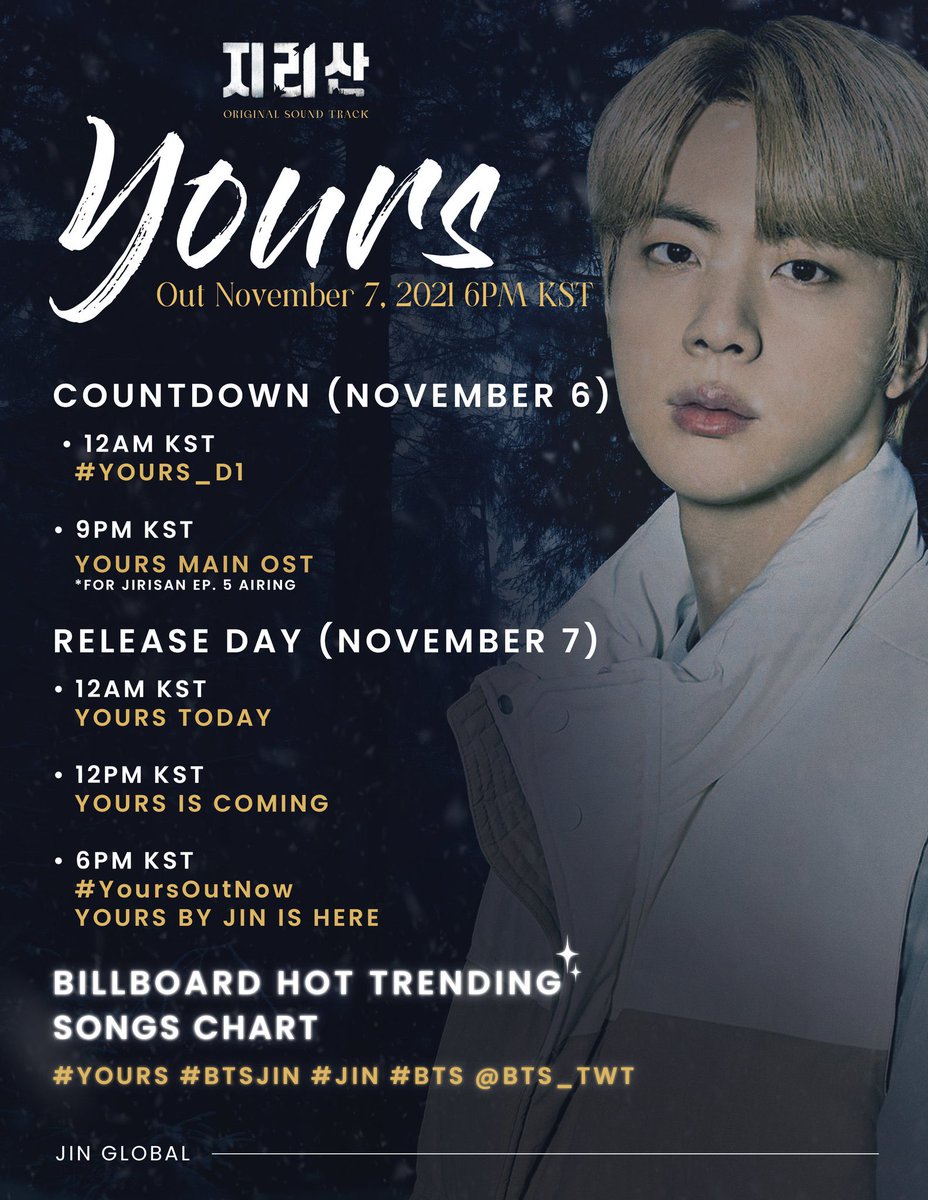 BTSNewsBrasil's tweet photo. 📍07/11 às 6h estreia 'Yours' By Jin!!

Fiquem atentos ao cronograma:

6H
Lançamento oficial
Audio: https://t.co/uITfu28eqE
Lyric video: https://t.co/avgmLYYibz

10:39H
Lançamento Special MV 
Youtube: https://t.co/Mxc4GRidN1

@BTS_twt #JinOSTSoon https://t.co/wZ0JCdWYau