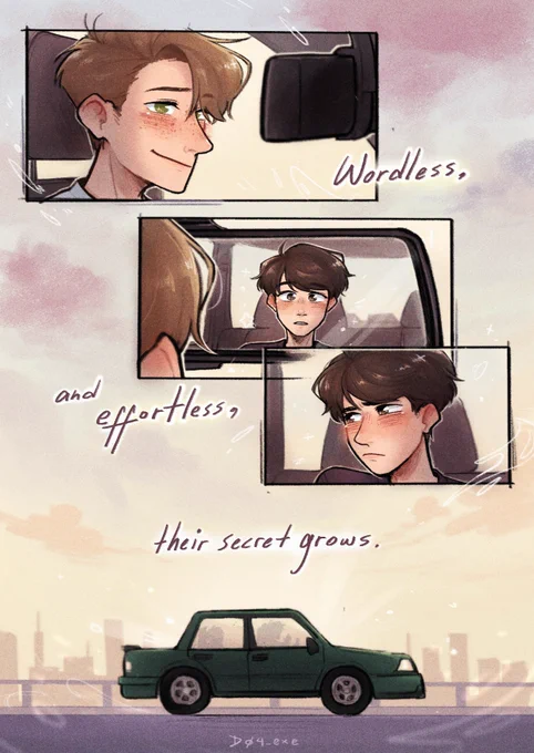 [ as green exit signs slide by
overhead, and the yellow dashes
race under the car's tires,
dream knows he's not
concentrating on the road anymore.
(...) not at all. ] 

----
He. ch2. 
#dreamnotfoundfanart #heliumfanart 