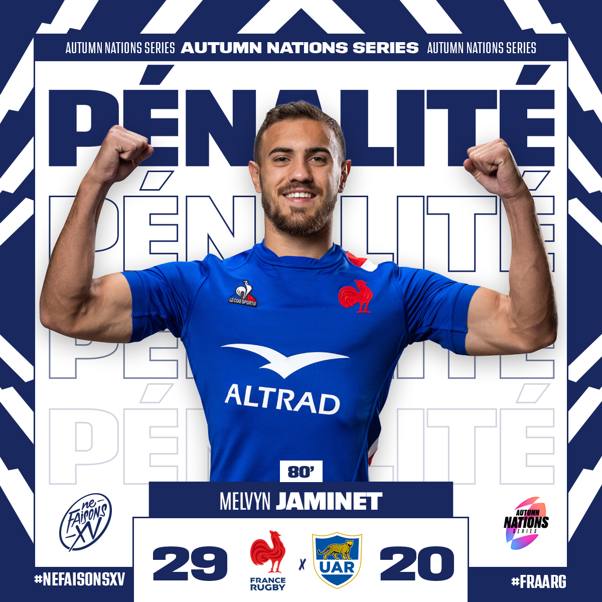 FranceRugby's tweet photo. 🇫🇷🇦🇷 La pénalité de la gagne pour l'homme du match, Monsieur Melvyn Jaminet 🎯

C'est gagné pour les Bleus 🤩

#NeFaisonsXV #FRAARG https://t.co/ueicKgJjIO