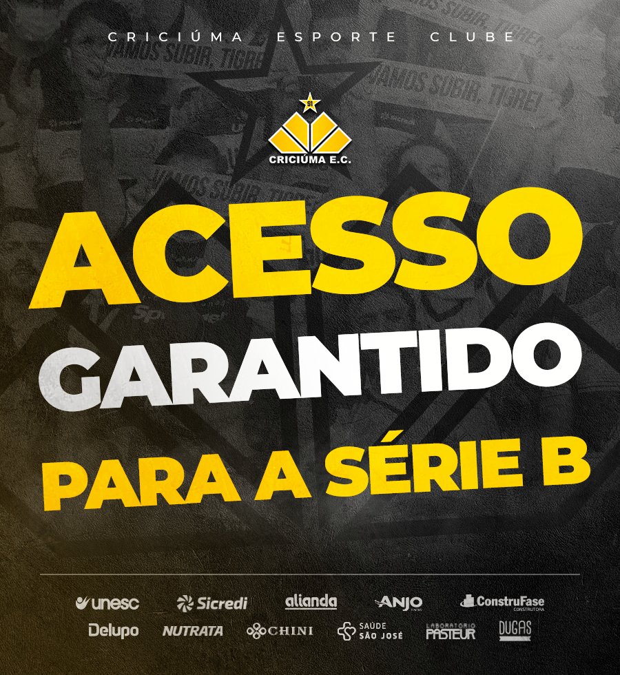 CriciumaEC's tweet photo. COMEMORA TORCIDAAAAAA!!! 🔥🔥 Estamos de volta à Série B do Campeonato Brasileiro 🙌💪🐯 #SérieB https://t.co/6HiuFzAhhP