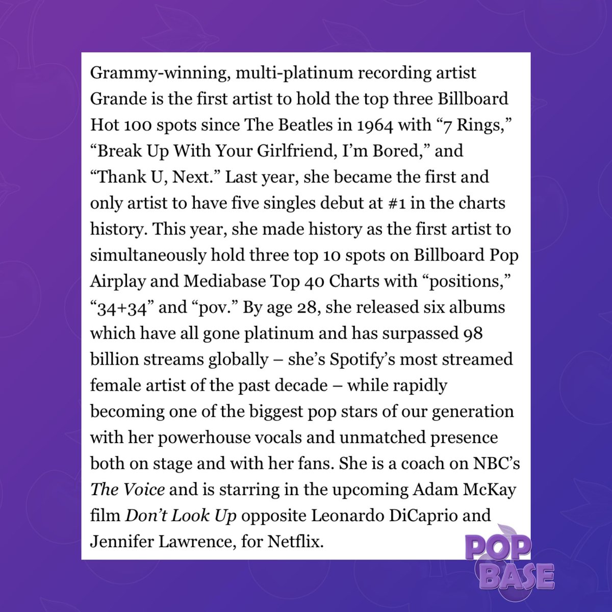 PopBase's tweet photo. Deadline reports that Ariana Grande has now accumulated over 98 billion global streams, extending her status as the most streamed woman of all time. https://t.co/Xl8e6nKHN9
