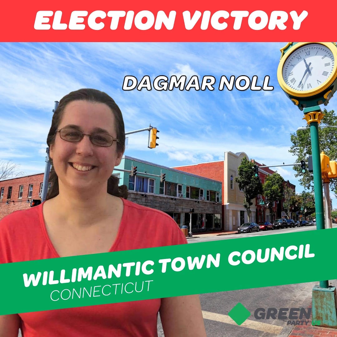 GreenPartyUS's tweet photo. Dagmar Noll has been reelected to the Willimantic Town Council in Windham County, Connecticut.
@CTGreenParty
#willimantic
#Connecticut
#willimanticct
#GreenParty
#greenpartyus
#greenmovement
#GreenPolitics
#WeAreGreen https://t.co/qbYWhpNdAk