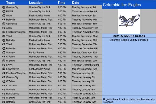 Columbia_Puck's tweet photo. Little late but here’s the schedule for your varsity Columbia ice eagles!!!! https://t.co/tVmgq62xek