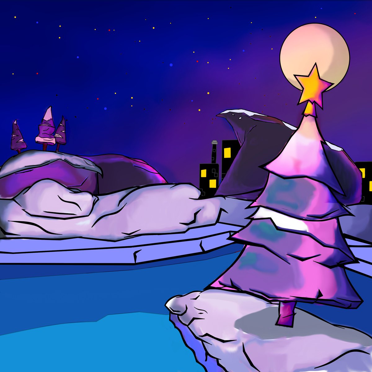 zerorganic's tweet photo. #WINTER #landscape #DigitalArtist #digitalart #drawing #cartoon #purplecolor #Christmas2021 #Christmas #cartoon #nightsky #Digital #light https://t.co/imb18trI6T