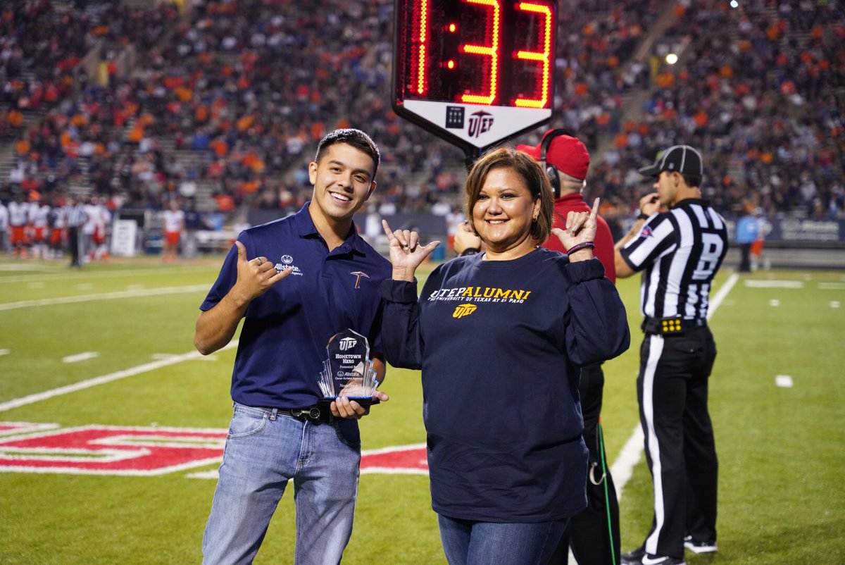 Congratulations to @MCarmona_SISD for earning the @allstateoscar Hometown Hero award at the UTEP football game. It is a well-deserved recognition for her commitment to #TeamSISD students, leadership and advocacy of public education!