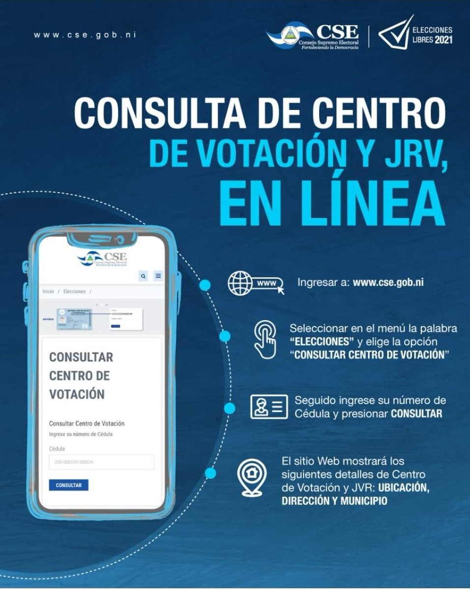 #CBCPatria21 
#EleccionesSoberanas2021 
Consulta en Línea tu Centro de Votación y tu Junta Receptora de Votos. 📲 
¡Sigue los pasos descritos en la imagen! 👇cse.gob.ni/es/elecciones/…