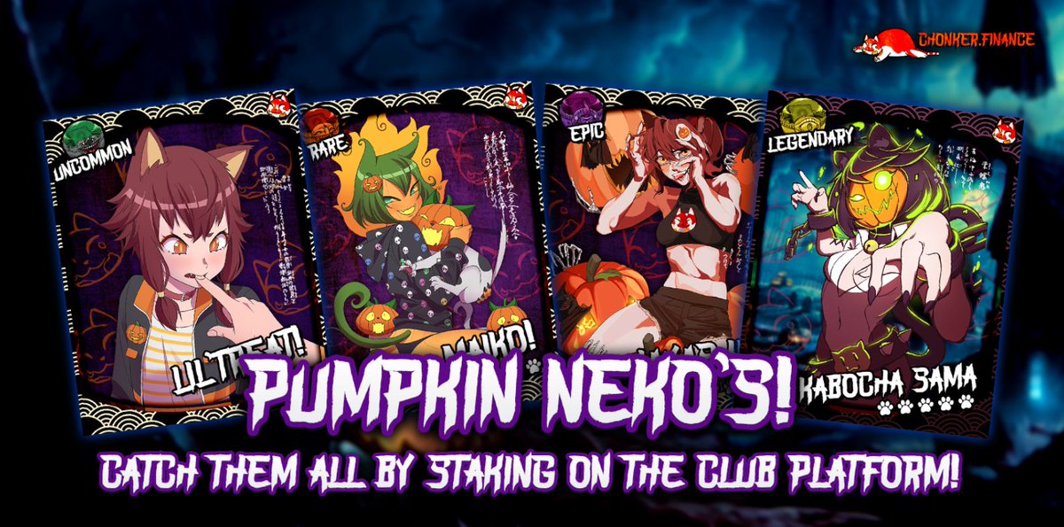 ChonkerFinance's tweet photo. PUMPKIN NEKO'S will go LIVE on the  #CLUBPLATFORM in 1-2 days! Stake $CHONK for a month to catch one of them!🎃LAST MONTH CLUB #NFTs have been airdropped to MEMBERS!😊 https://t.co/6Kcc3ptIs8 #NFTCommunity #AnimeNFT https://t.co/x6LIwbiAts