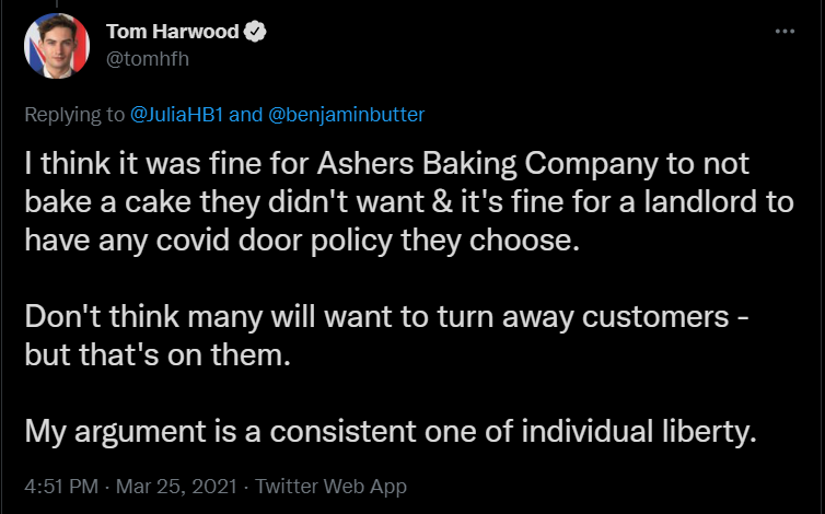 Go_SYH_In_A_Pig's tweet photo. @tomhfh I think it was fine for Firewater to not accept a patron they didn't want &amp; it's fine for an establishment to have any front door policy they choose.

Don't think many will want to turn away customers - but that's on them.

My argument is a consistent one of individual liberty. https://t.co/IM5AGPpp3f