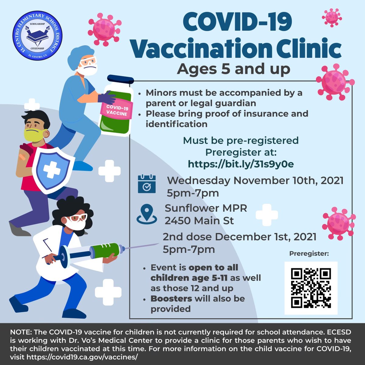 ElCentroESD's tweet photo. Vaccination Clinic Announcement

In partnership with Dr. Vo Medical Center, ECESD invites interested parents to sign up for the COVID-19 Clinic for ages 5 and up. See the attached flyer for the registration link and additional information.

#ECESD https://t.co/4J0ycZmHoS