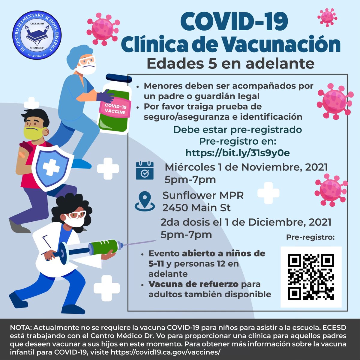 ElCentroESD's tweet photo. Vaccination Clinic Announcement

In partnership with Dr. Vo Medical Center, ECESD invites interested parents to sign up for the COVID-19 Clinic for ages 5 and up. See the attached flyer for the registration link and additional information.

#ECESD https://t.co/4J0ycZmHoS