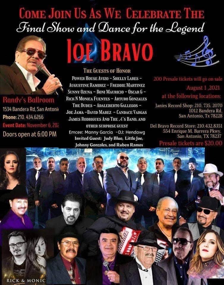 freddierecords's tweet photo. Tonight is the night! The Final Show and Dance for Tejano Music Legend and @LatinGRAMMYs nominee JOE BRAVO. Be sure and join us live at Randy’s Ballroom in San Antonio. An unforgettable historical evening full of great entertainment. Don’t miss it. Be there! 
#JoeBravo #ElPlayboy https://t.co/7aB3xYoUAg