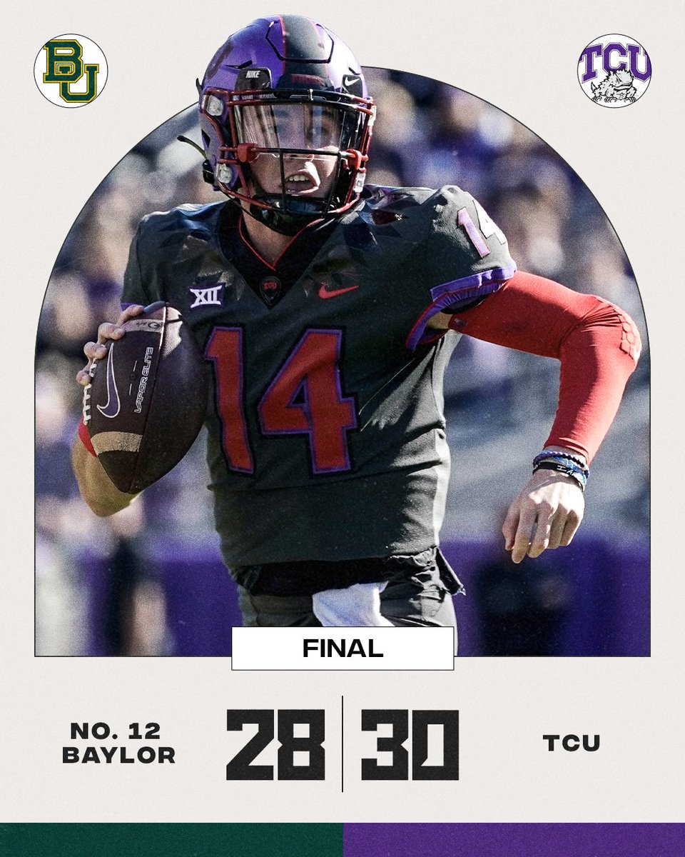 ESPNCFB's tweet photo. What a way to start a new era!

In its first game without Gary Patterson in 21 years, @TCUFootball upsets No. 12 Baylor. https://t.co/GP9YqPBdOR
