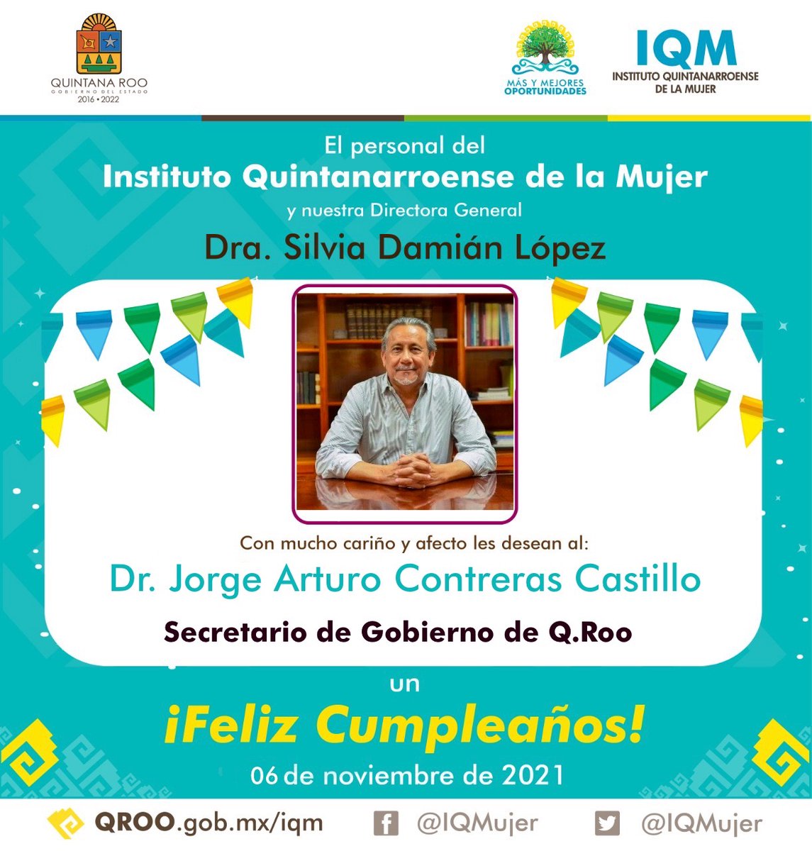 La familia #IQM y su titular Silvia Damián López felicita al Dr. Arturo Contreras Castillo por motivo de su cumpleaños deseándole un año más de éxitos, alegrías y bendiciones. Felicidades!!!!!  🎊🎉