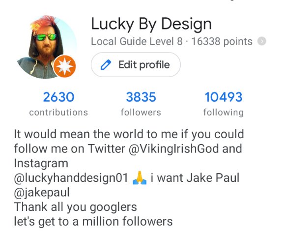 VikingIrishGod's tweet photo. Just an update on the #followers for #Luckybydesign on #GoogleMaps where I am a professional and expert #critic #reviewer #traveler #Guide #artist using more than social media for social meding

2.8 Million respectable views
And growing!! I had to start somewhere
#luckbydesign https://t.co/DdI2MvMvvk