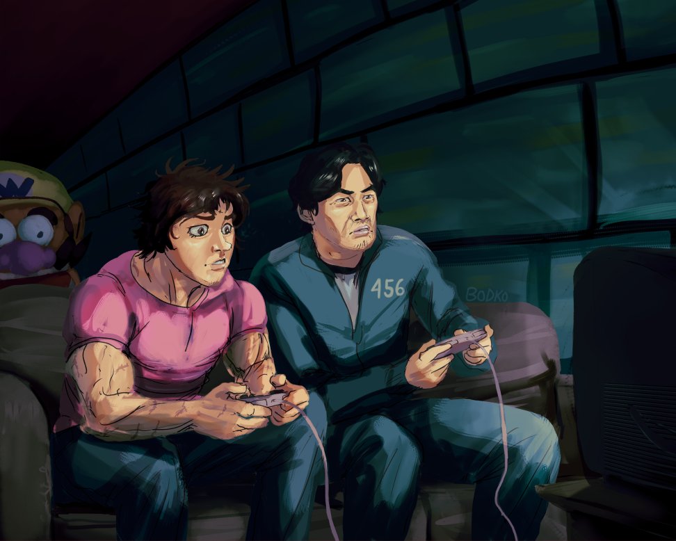 b0dko's tweet photo. Baki and Squid Game play Nintendo https://t.co/uOAoDfviGl