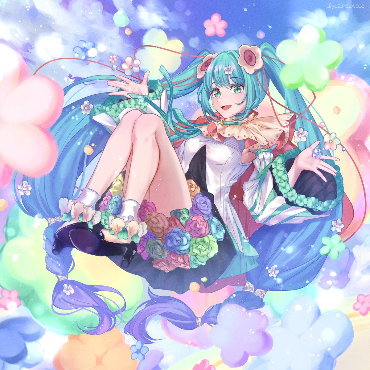 hatsune miku ,magical mirai miku 1girl flower solo green flower hair ornament hair flower long hair  illustration images