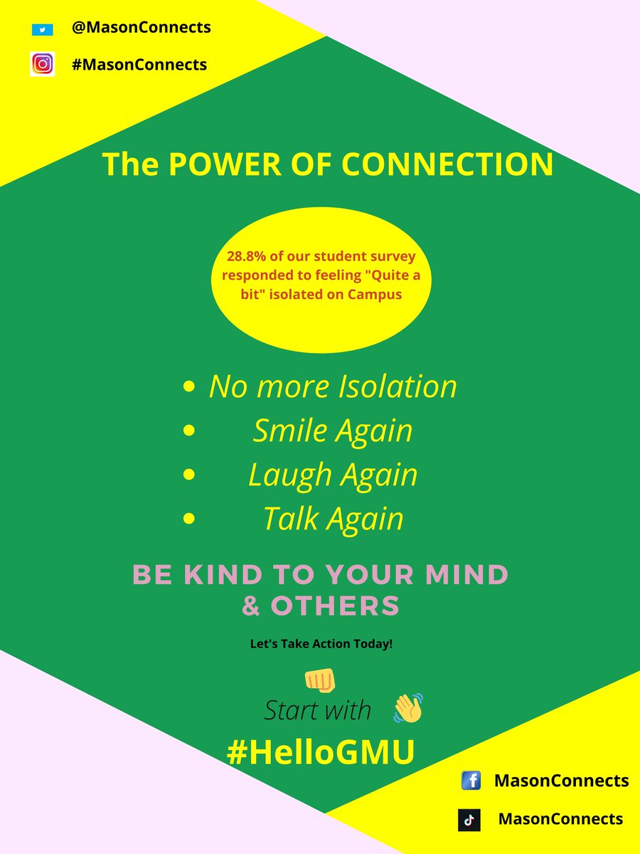 MasonConnects's tweet photo. #StudentLife💙 &amp; No more feeling isolated on #GMUCampus🛑 #StrongerTogether #GMUStrong. 
Spreading #Kindness #MasonConnects aims to help forge deeper re-connections on Campus🔥@Mason_Kindness @CWB_Mason @GMUPres #HelloGMU #ISeeYouGMU #MimsPR https://t.co/3MmjUaLc9I
