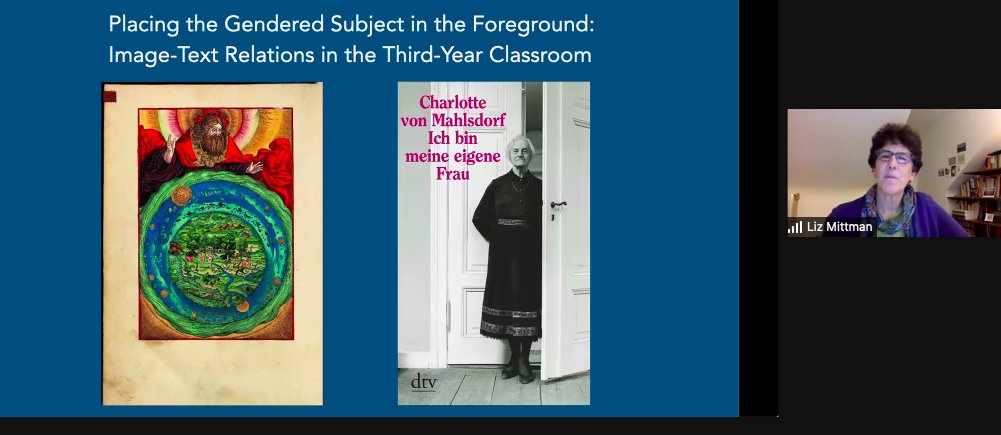 womeningerman's tweet photo. @michiganstateu Thank you for these really interesting insights on using image and text to show the complexity of gender(ed) identities, Liz! #WiGerman21 https://t.co/Q8jRLyUCFw