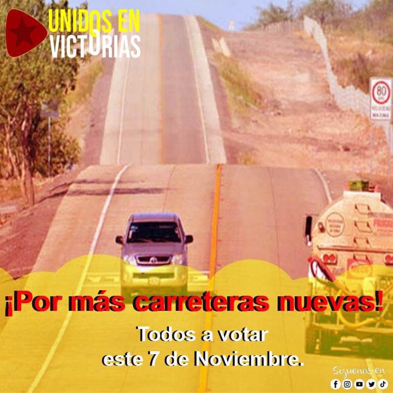 #EleccionesSoberanas2021 || Este 07 de Noviembre, por más carreteras nuevas. 
Yo si voy a votar.
<a href="/el19digital/">El 19 Digital</a>

#TodosLosTriunfosSonDelPueblo 
#UnidosEnVictoria