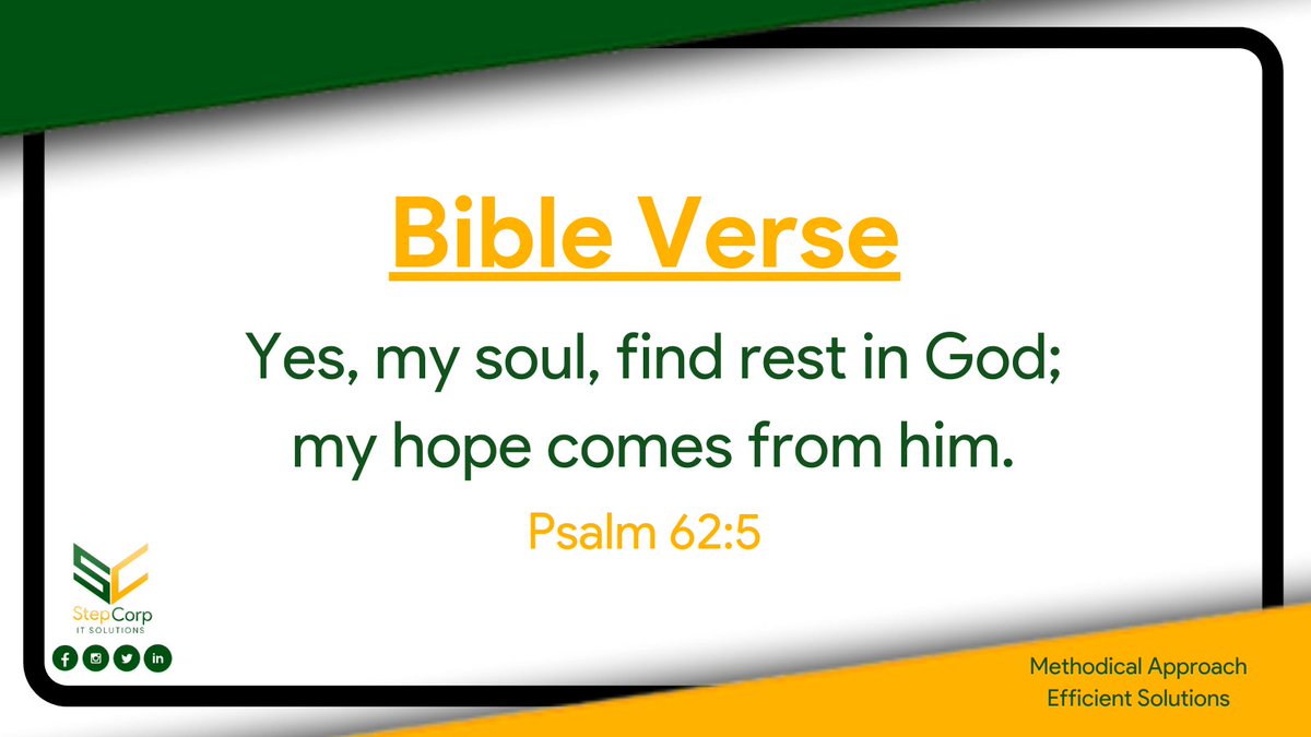 StepCorpIT's tweet image. This scripture assures us that we will find true rest in the Lord. While our bodies may be physically exhausted and worn down, God (and God alone!) provides spiritual peace by fueling our hearts.

#StepCorpITSolutions
#StepCorp
#ITSolutions
#ITProfessional
#VirtualAssistant